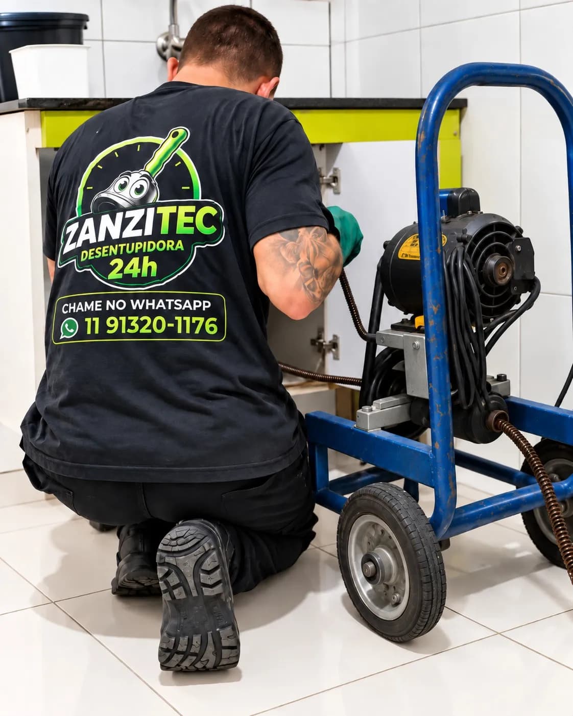 Técnico da Zanzitec desentupindo pia de cozinha com máquina profissional