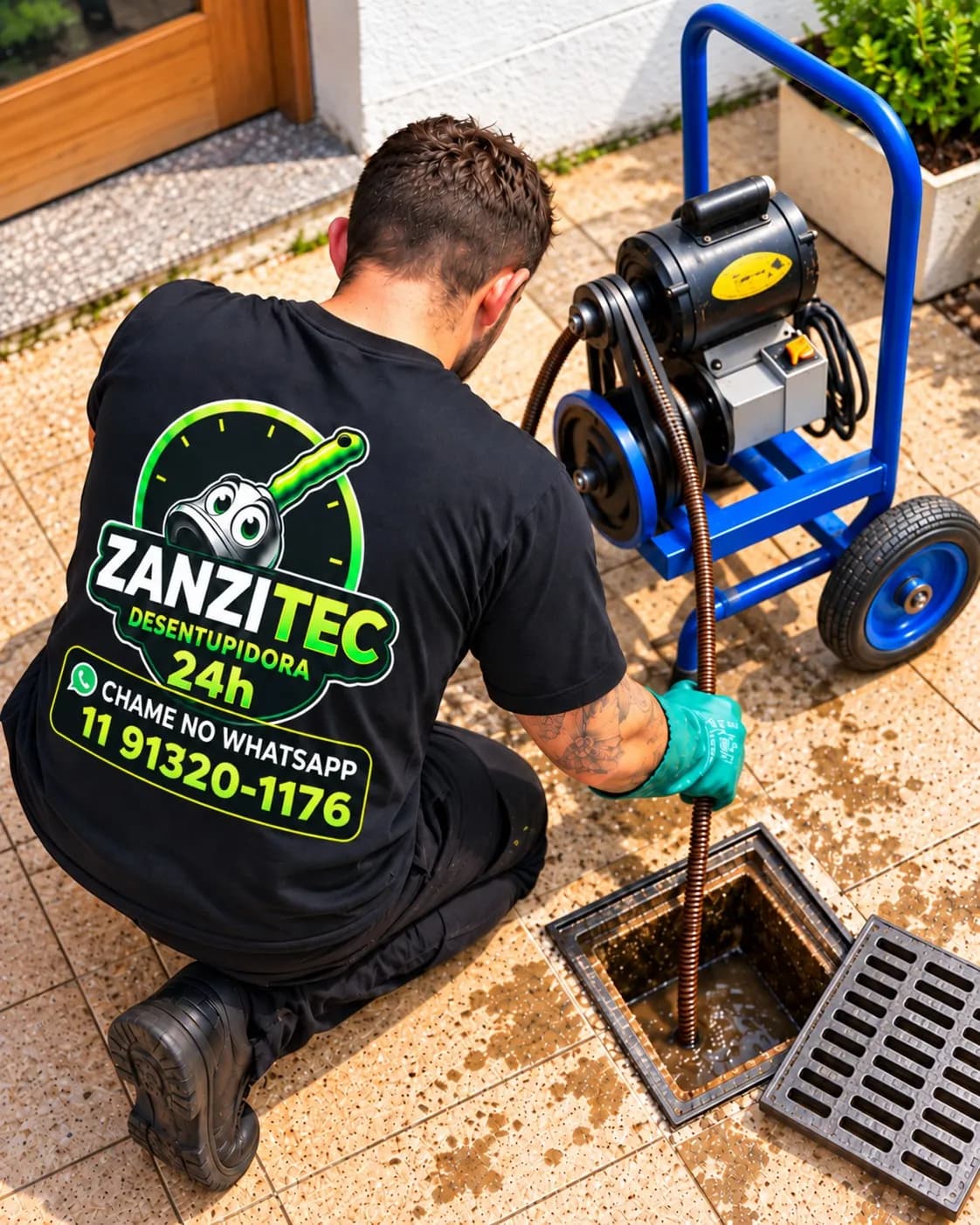 Técnico da Zanzitec desentupindo ralo externo com máquina de desentupimento